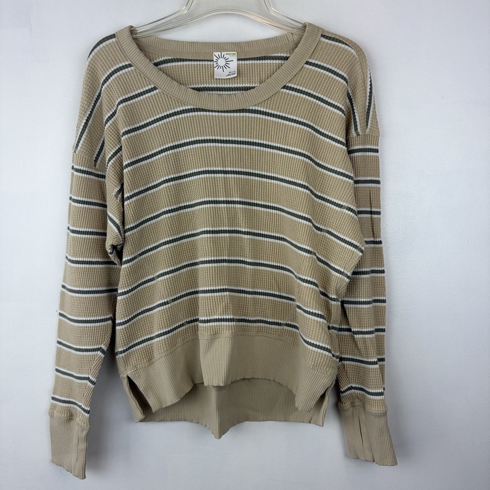 Aerie Offline Thermal Top Womens XS Waffle Knit Oversized Beige Stripe Boxy